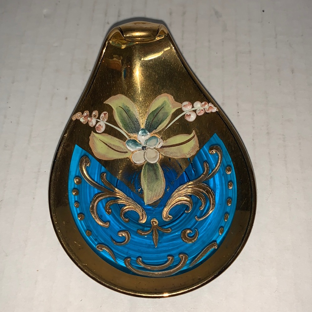 Vintage Moser Bohemian blue Glass Hand Enameled Small Pin Dish